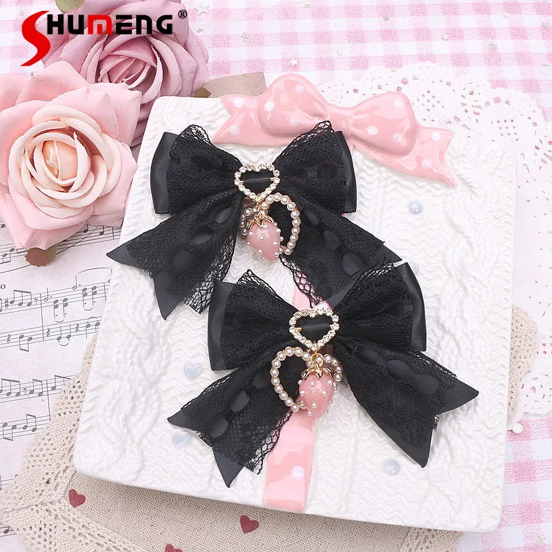 Lolita Sweet Hair Clips for Women Cute Lace Edge Handmade Original Kawaii Strawberry Love Pearl Pendant Bow Barrettes Accesorios