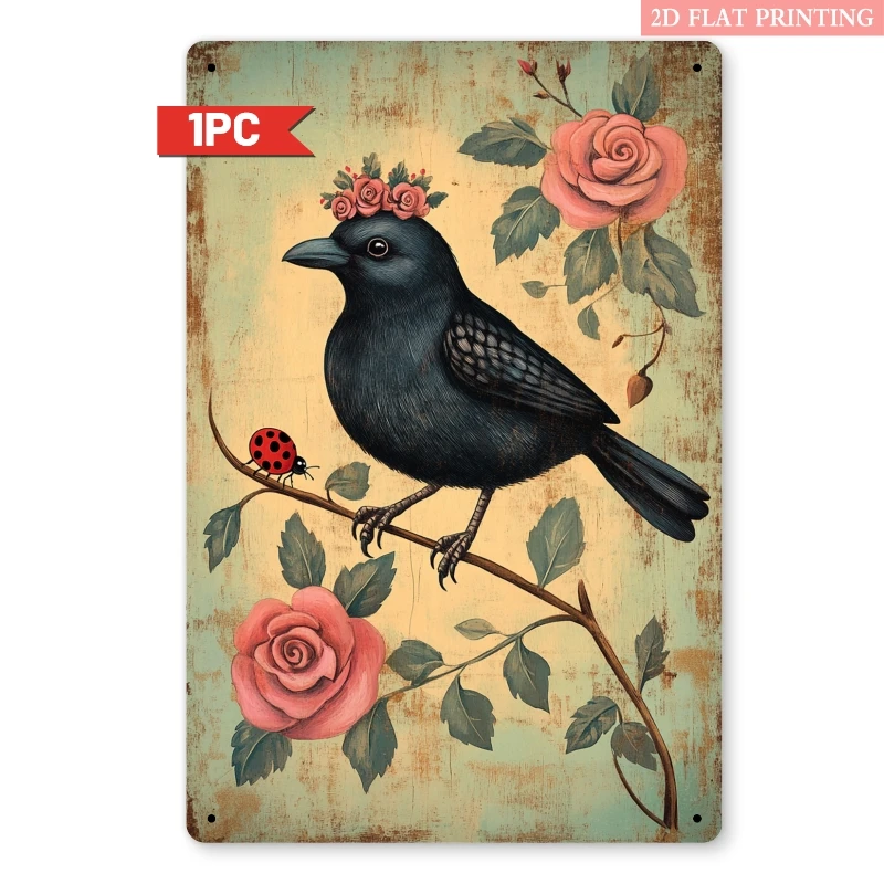 

Винтажная металлическая табличка с черной птицей и розами, 8x12 дюймов, 2D, плоская, с цветочным узором, в деревенском стиле, для декора сада и дома