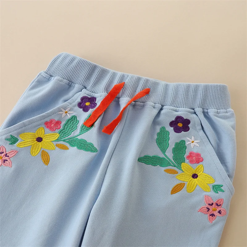 Jumping Meters 2-7T Girls Sweatpants Flowers Embroidery Children\'s Clothing Full Length Drawstring Costume Baby Trousers