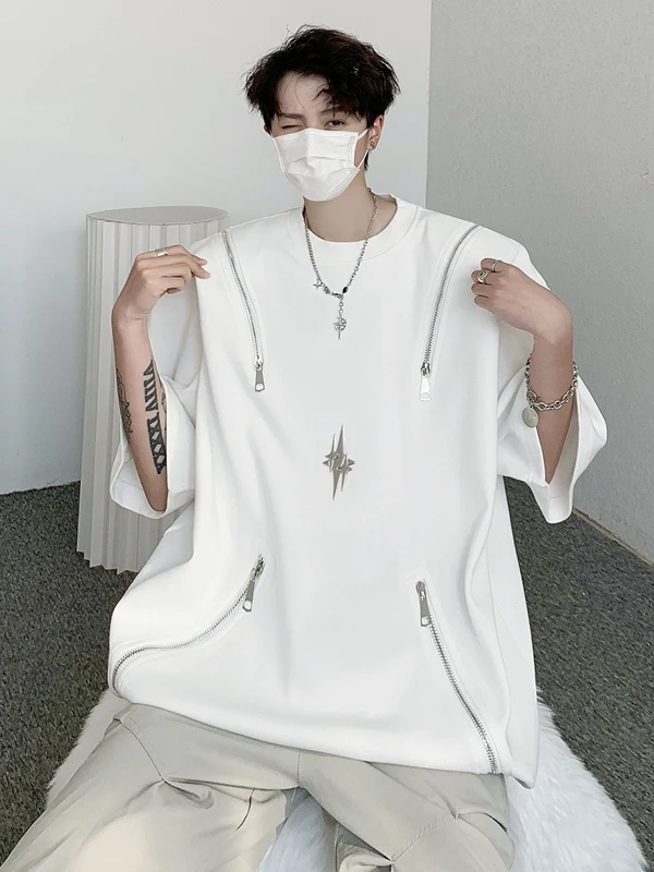 

Летняя мужская футболка с металлическим принтом, декоративной молнией, коротким рукавом, повседневная, модная, дышащая, из смеси полиэстера и хлопка