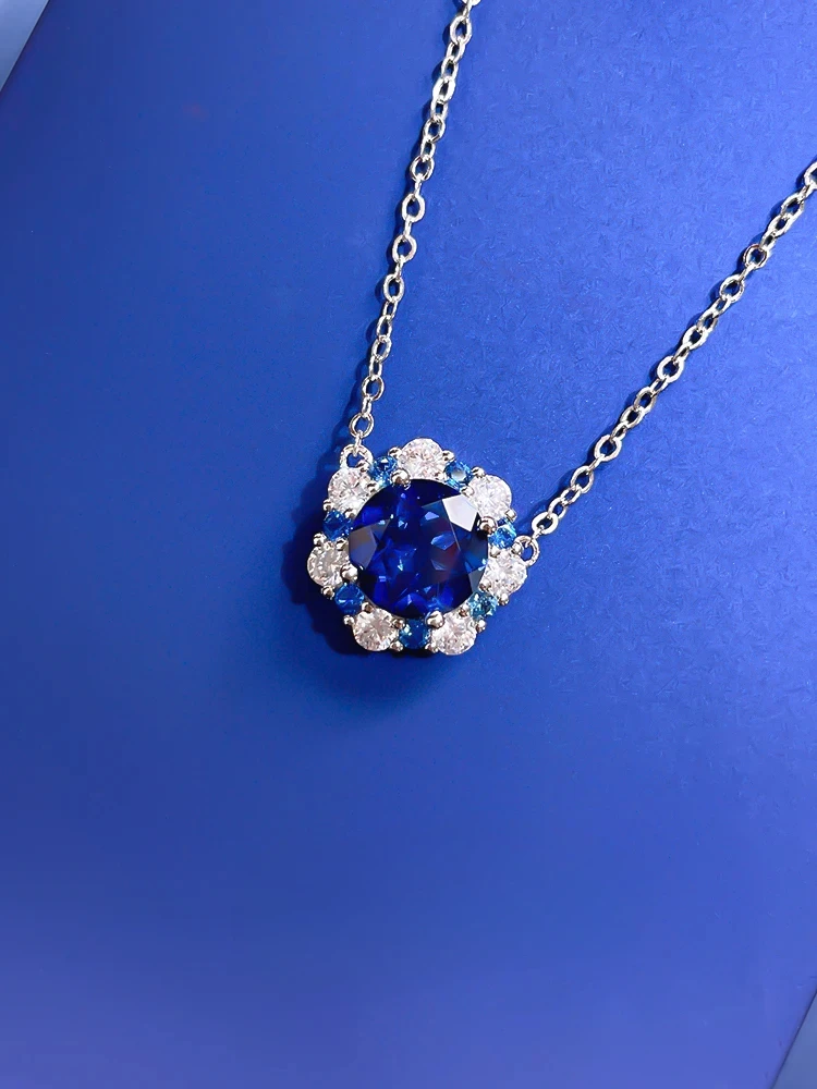 Fashionable luxury versatile pure silver sapphire blue pendant set paired with high carbon diamond wedding jewelry