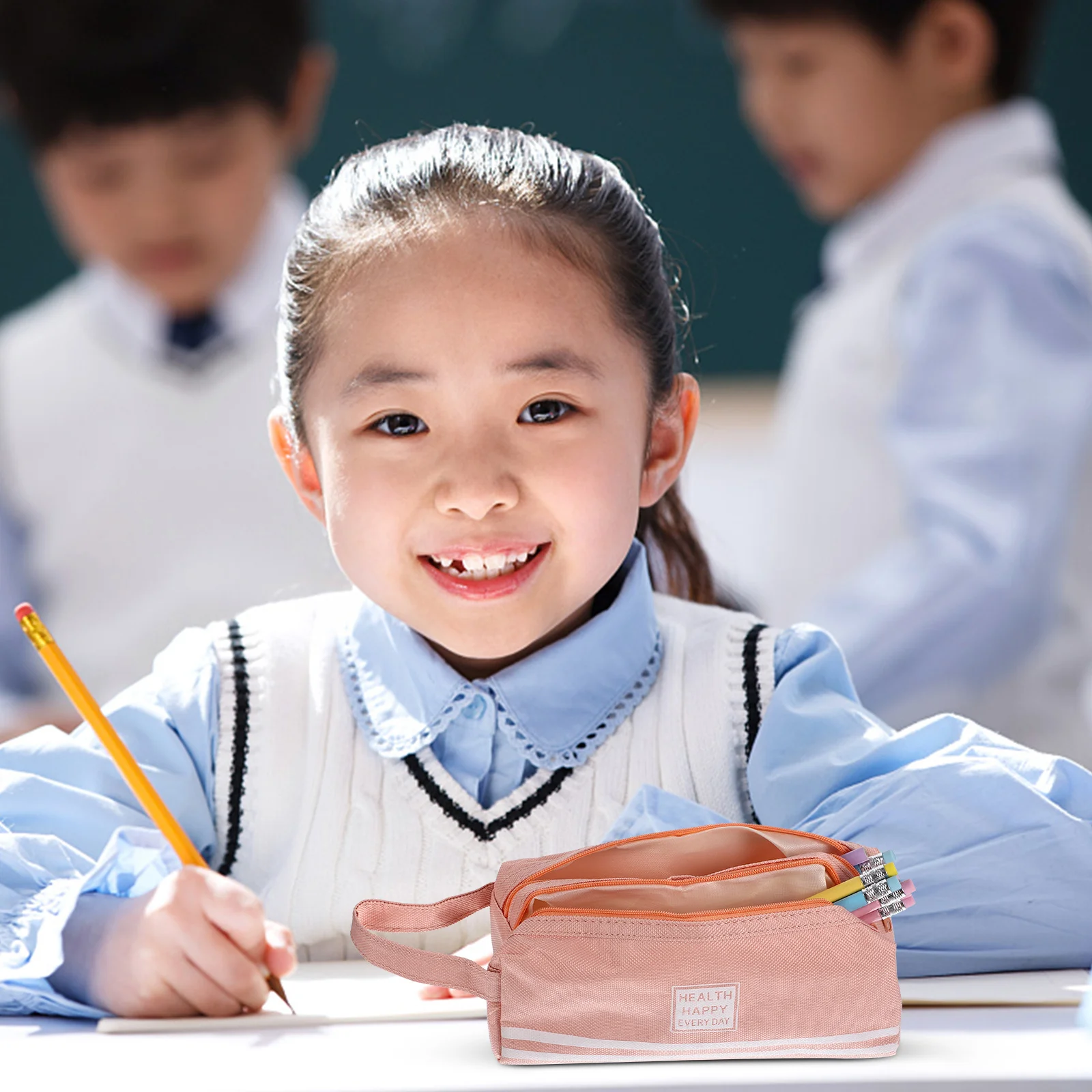 

Double Layer Pencil Bag Large Capacity Canvas Zipper Pouch Beige Portable Cosmetics Case Multifunctional Pencil Pen Storage