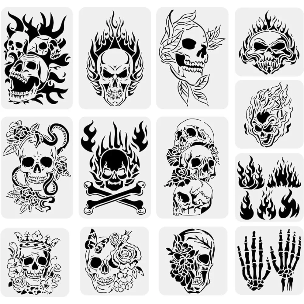 13PCS Skull Pattern Drawing Stencils, Skull Flame Scary Skeleton Template for Scrabooking Card Making, Wall Floor Art, Festival