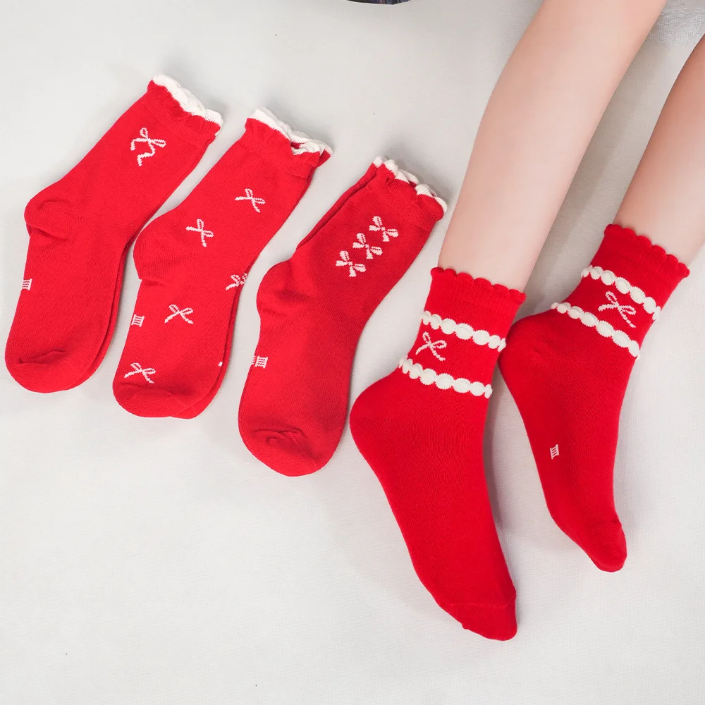 4Pairs/lot Girls Autumn Pure Cotton Middle Tube Socks Kids Festival Red Socks Baby Little Girl Children's Breathable Socks 2025