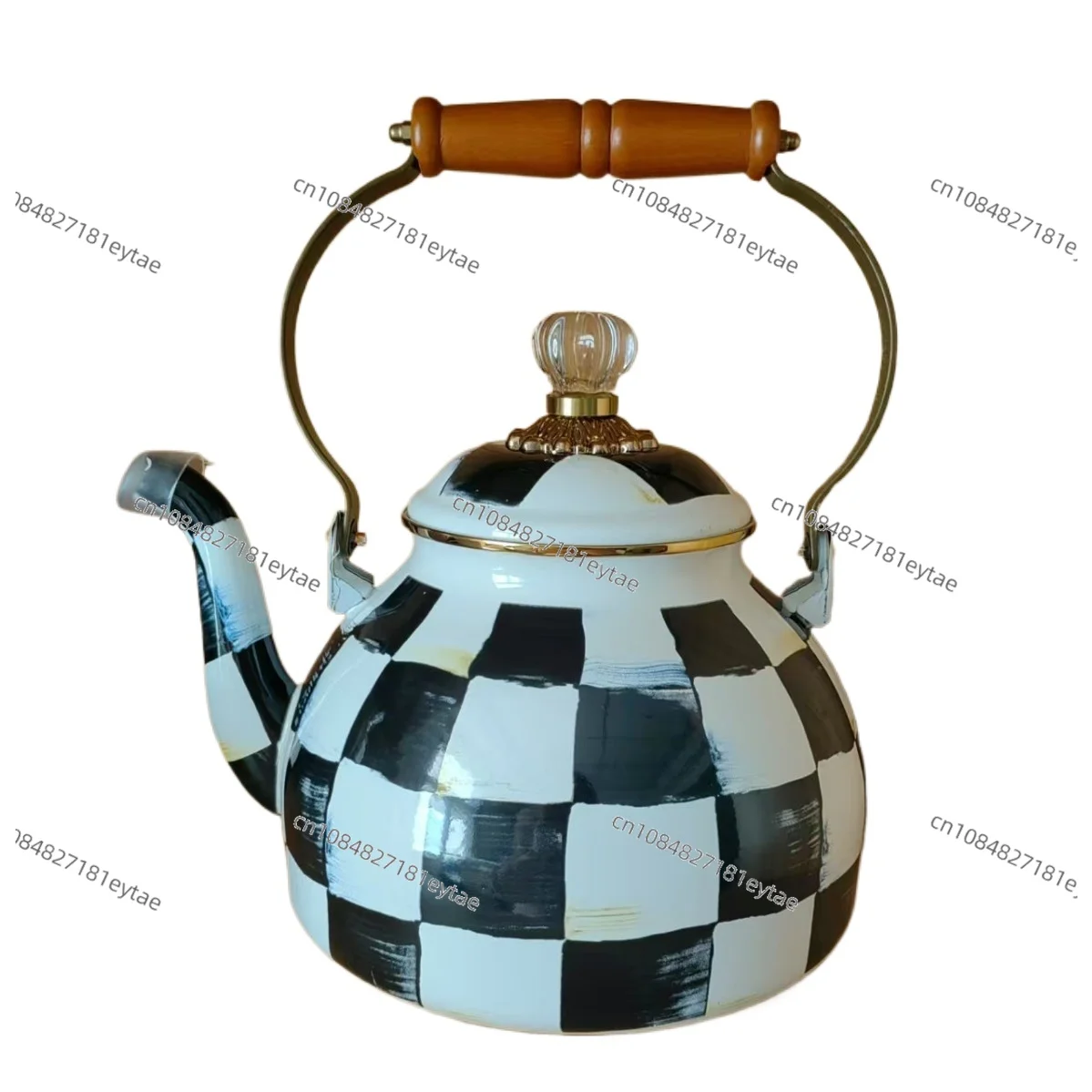 European Handmade Enamel Teapot Coffee Pot Black White Checkered American Oil Painting Style