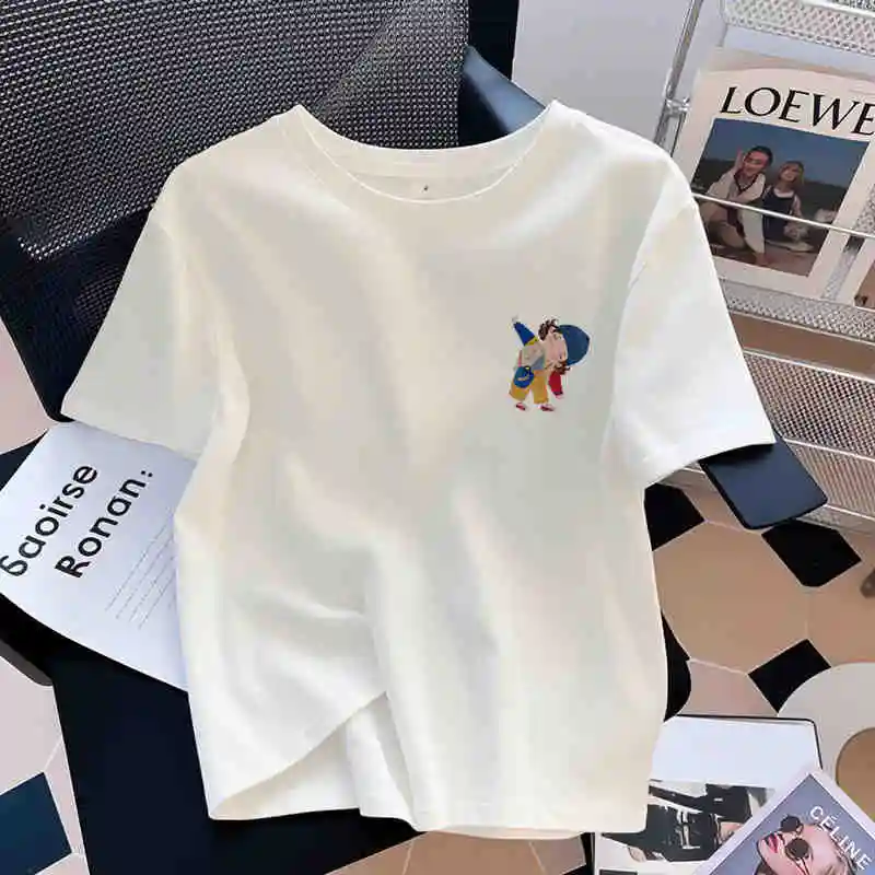 Summer Women's White Short Sleeve T-shirt Fashion Round Neck Loose Cotton Top Casual Male Cartoon Printed Versatile Tees