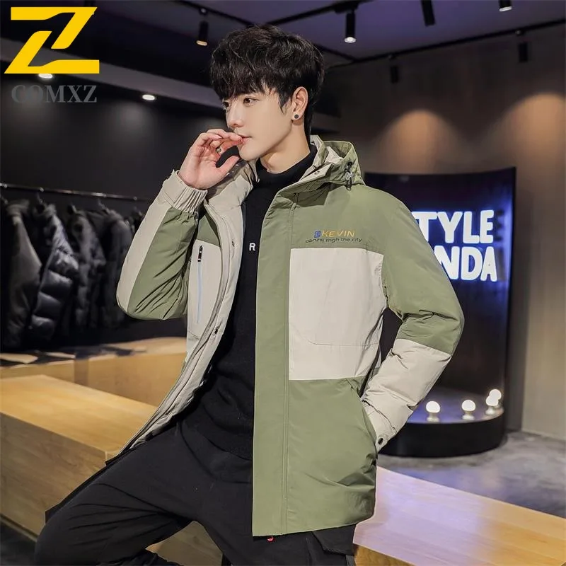 

COMXZ 2025, зимняя распродажа, пуховик, мужской повседневный модный тренд, свободное пальто с капюшоном, молодежный водонепроницаемый ветрозащитный топ с цветными блоками