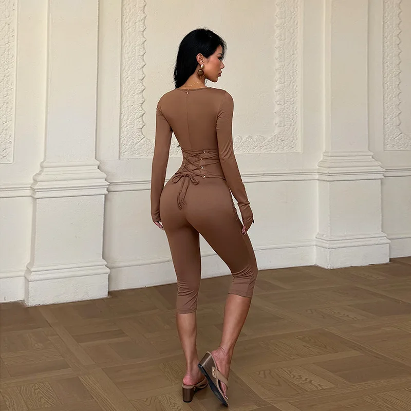 Fall Winter Hot Sale Square Neck Waist-Cinched Jumpsuit, Sexy Hot Girl Slimming Women Outfit
