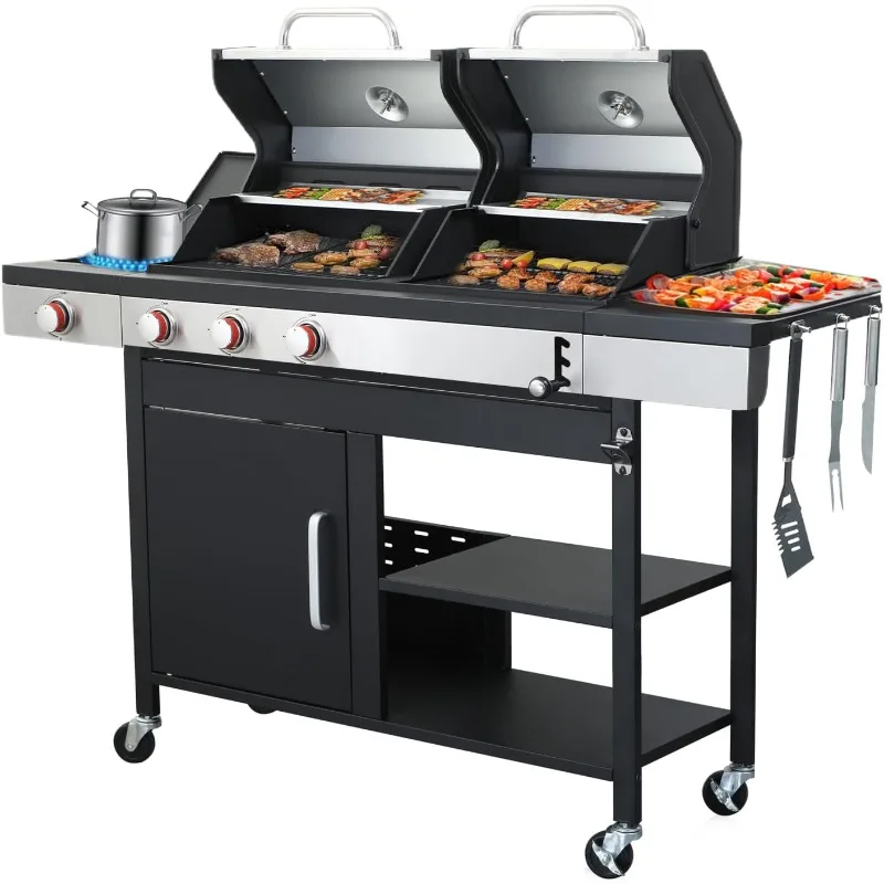 Parrilla de barbacoa, parrillas de carbón, combinación de parrilla de gas, 3 quemadores de propano y quemador lateral, parrilla de barbacoa para interiores y exteriores con plancha de hierro fundido