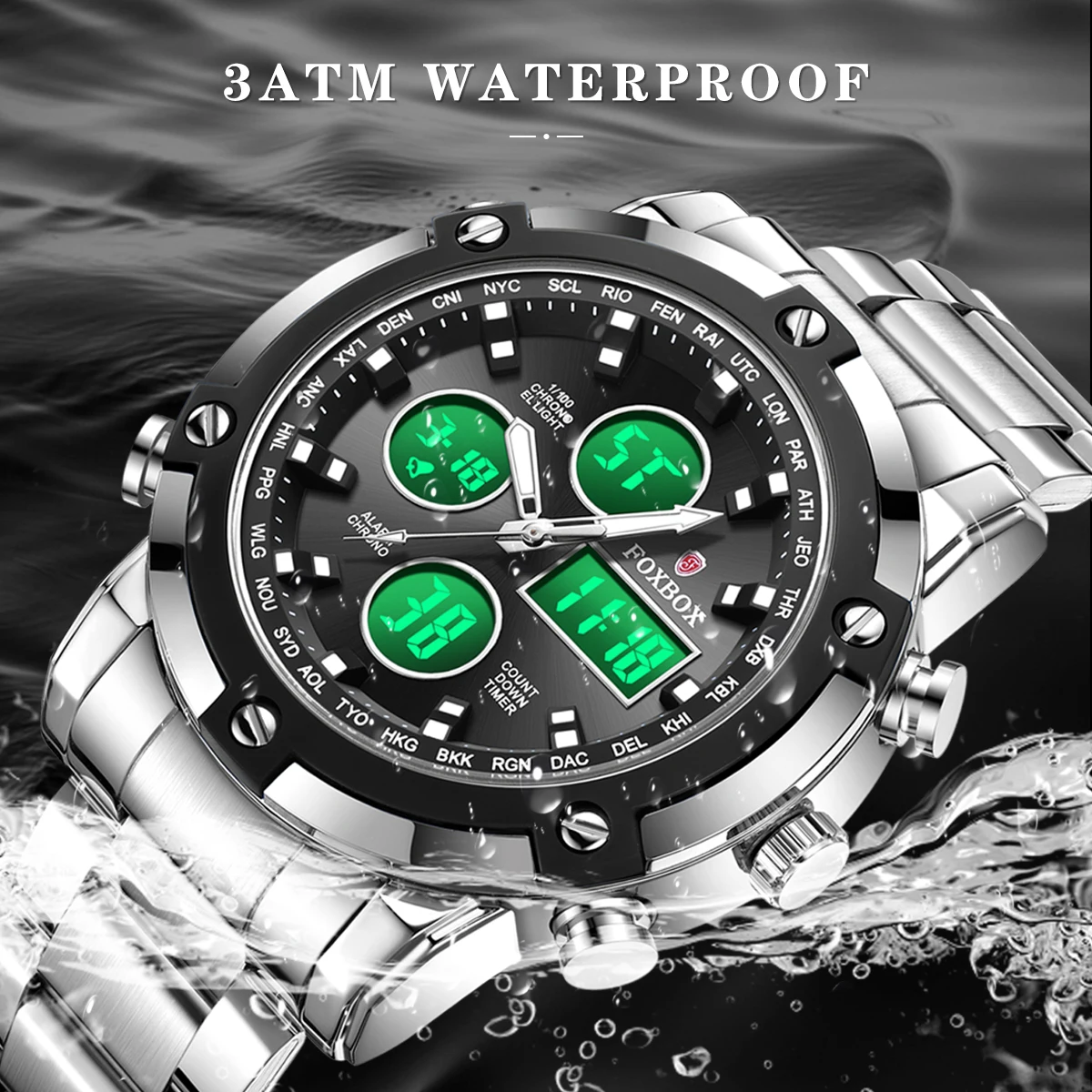 FOXBOX elektronische Herrenuhr, LED-Dual-Display, Quarz-Armbanduhr, modischer Luxus-Wecker, multifunktional, lässig, Reloj Hommes