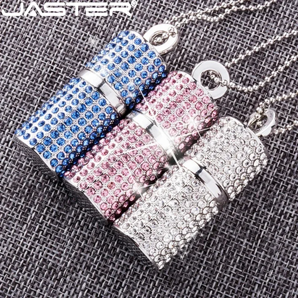 JASTER Crystal USB 2.0 Flash Drive 128GB  Pen Drive 64GB  Blue Pink Memory Stick 32GB Crystal Necklace Creative Birthday Gift