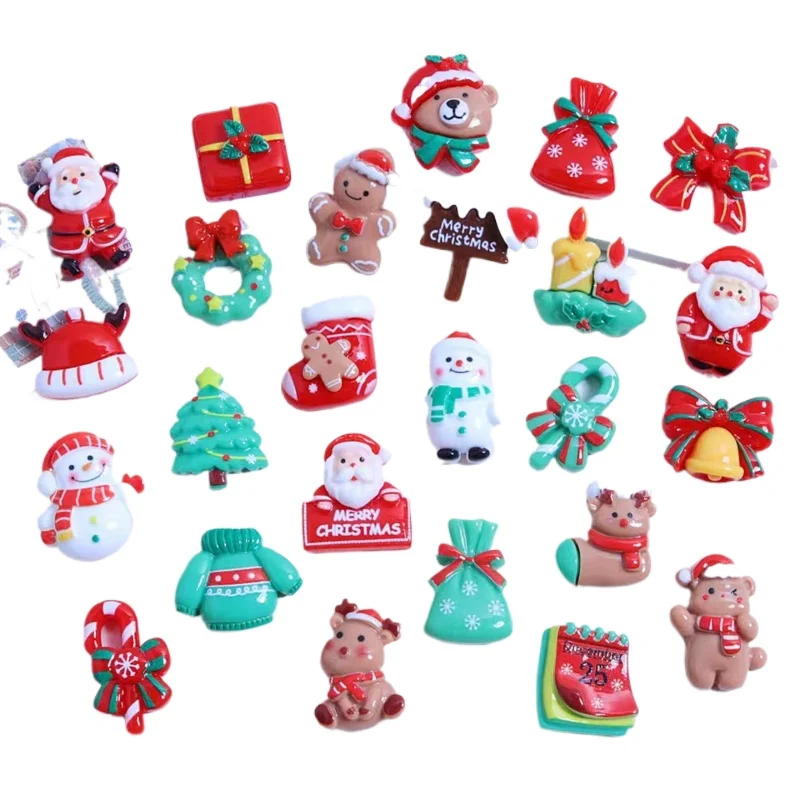 14Pcs Resin Cartoon Santa Claus, Snowman, Cane, Elk Figurines Flatback Wedding Scrapbook Gems DIY Jewelry Crafts Accessories