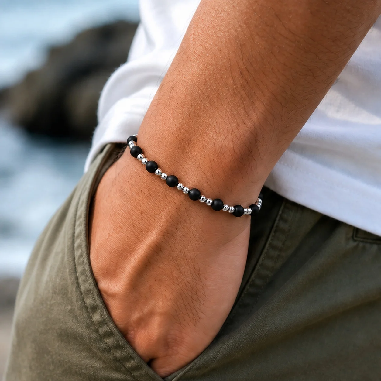 1pc Men's Black Round Stone Beaded Strand Bracelet with Polished Spacer Beads Casual Sporty Style Wrist Jewelry