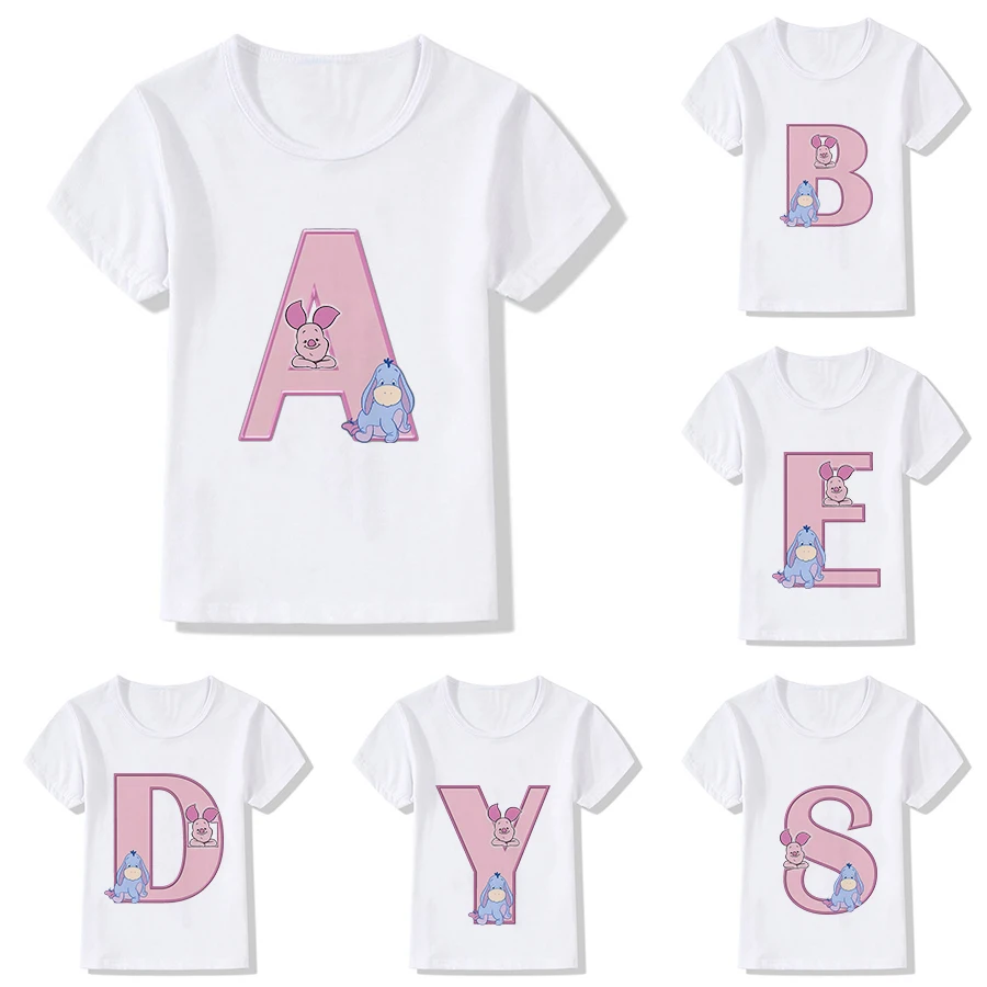 

New Piglet Eeyore Children T-shirt Letter A -Z Name Combination Kawaii Tee Shirts Cartoons for Girls Clothes Casual Kid Boy Tops