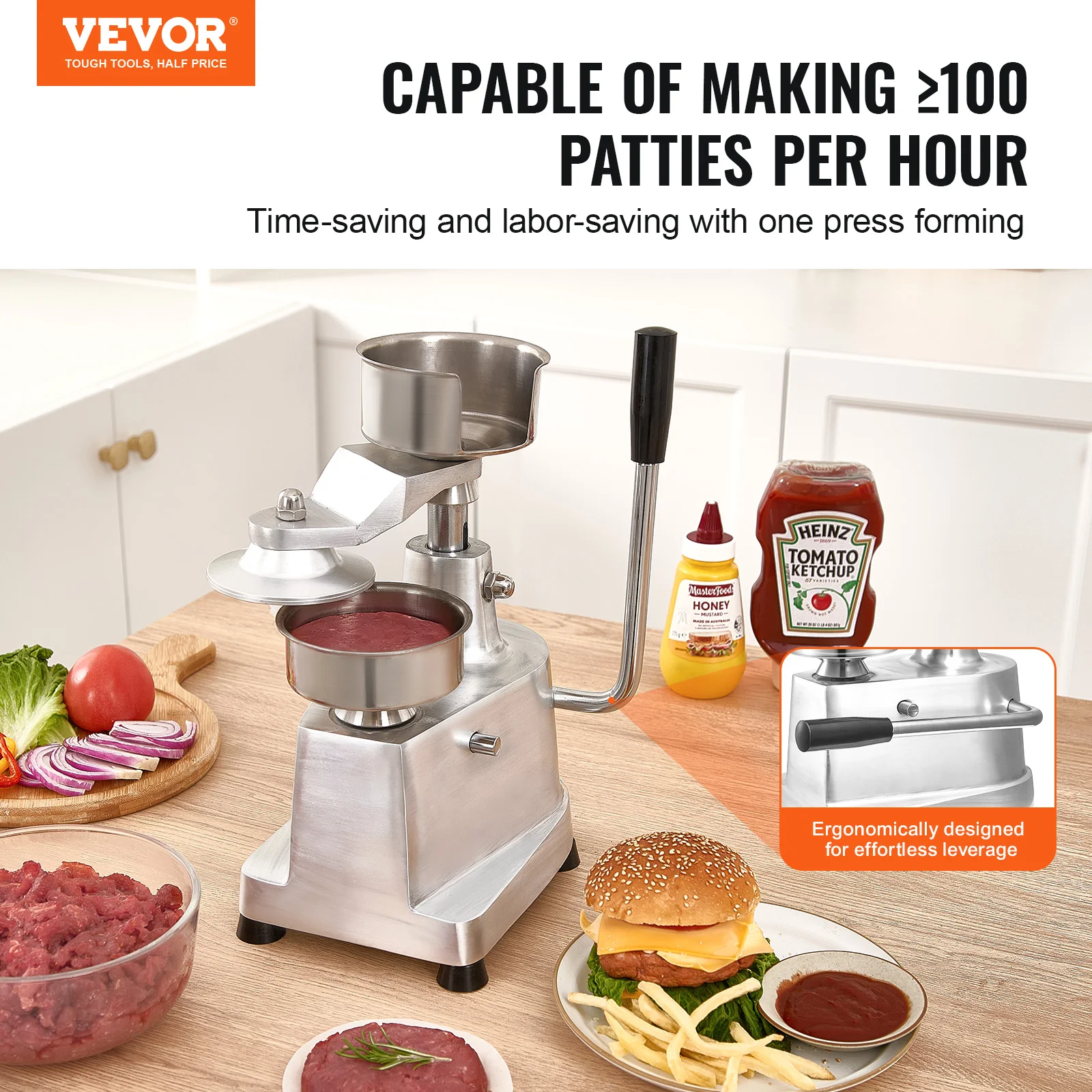 VEVOR Commercial Burger Patty Maker, 100mm/4inch Hamburger Beef Patty Maker,Food-Grade Stainless Steel Bowl Burger Press Machine