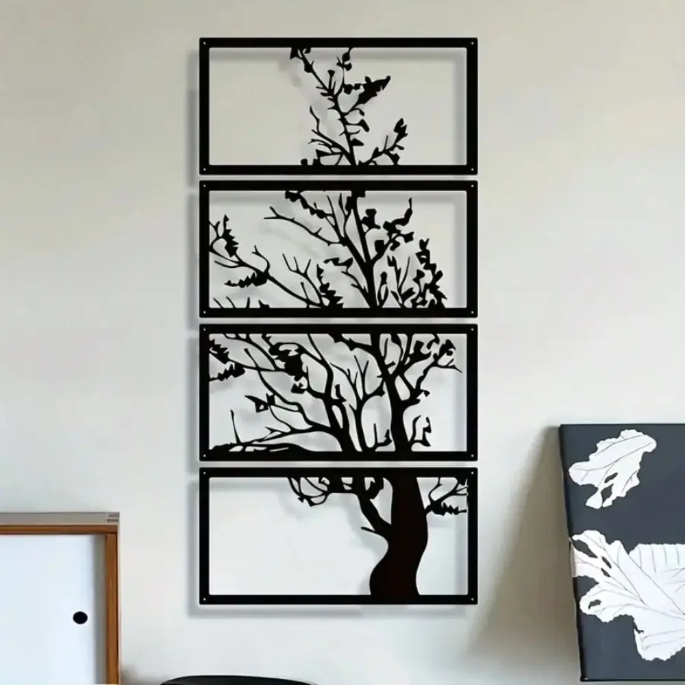 4 Panels Metal Wall Art Tree Silhouette Decor, Minimalist Wabi Sabi Vertical Wall Hanging, Hallway Gift For Nature Home Lovers