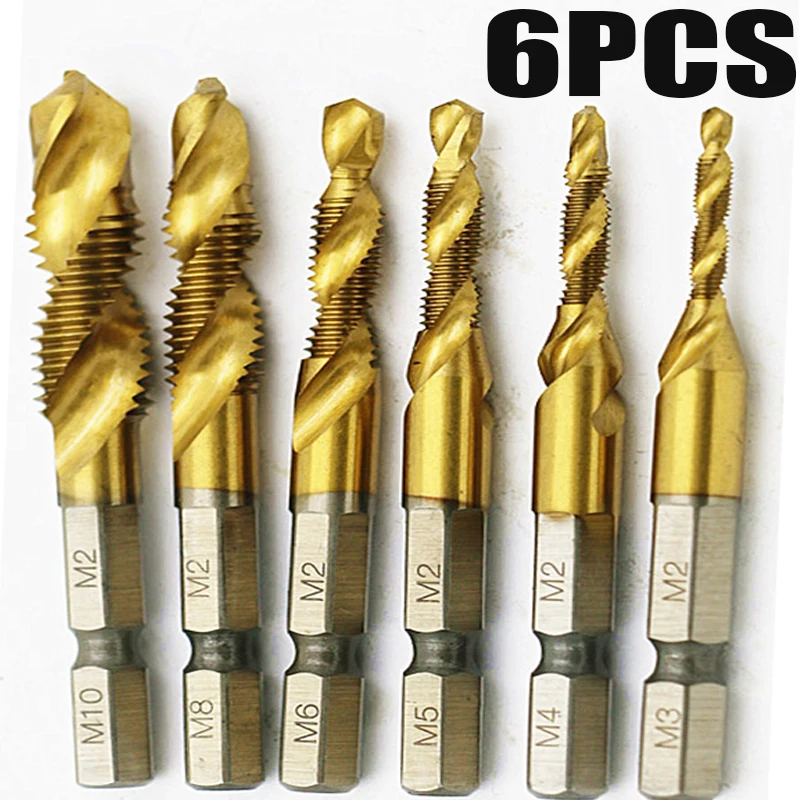 6PCS Titanium Coated HSS M3 M4 M5 M6 M10 Screw Tap Metric Drill Bits 1/4 Hex Shank Countersink Deburr Set Drilling Tools