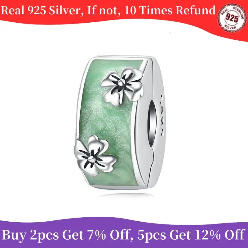 925 Sterling Silver Lucky Four-leaf Clover Cutout Locator Buckle Charm Bead Fit Original Pandora Bracelet Diy Jewelry For Women