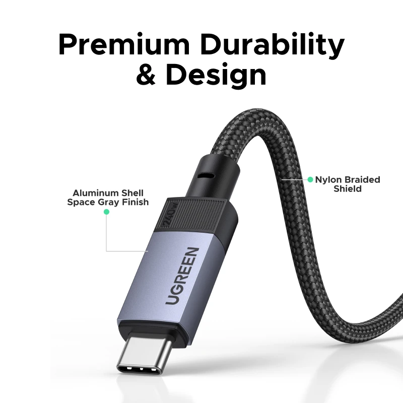 UGREEN USB4 Gen3 240W & USB3.1 Gen2 كابل شحن سريع 1 متر، نايلون مضفر بغلاف من الألومنيوم، PD3.1 لجهاز MacBook Pro iPad #5