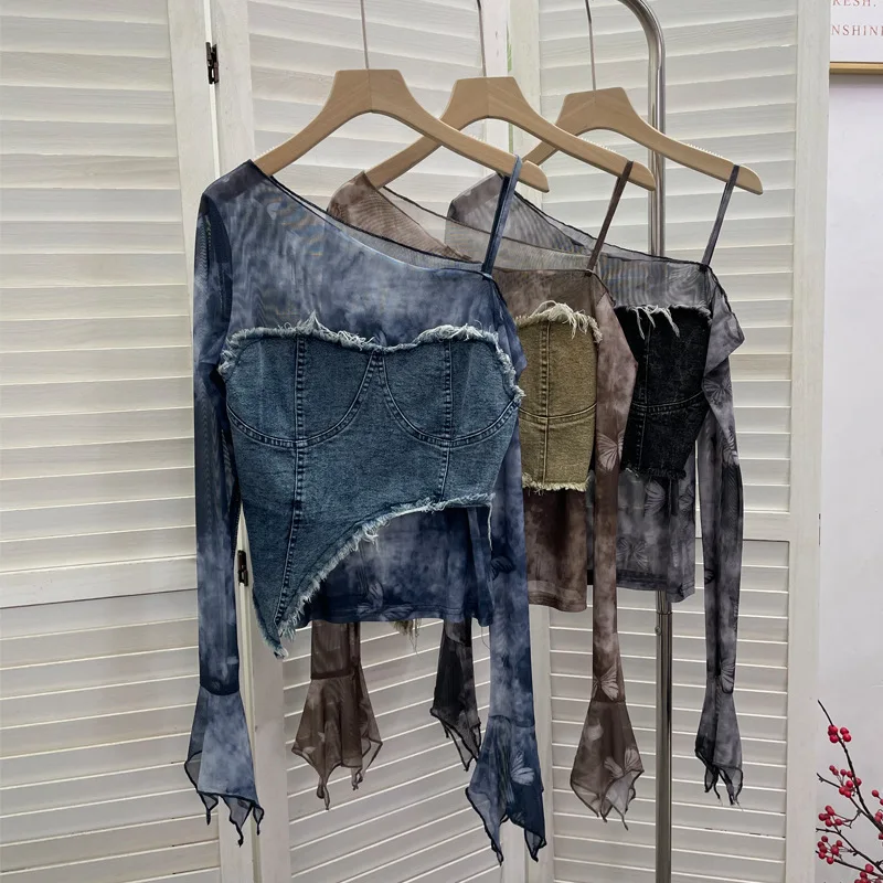 High Quality Hot Selling Wholesale Autumn Diagonal Shoulder Strap Mesh Splicing Denim Horn Long Sleeved Top Short T-shirt Women