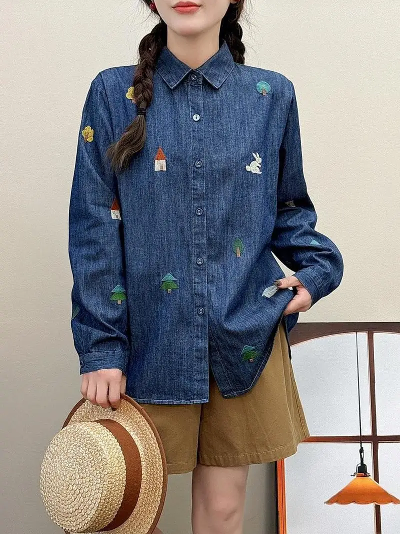 2025 Spring Japanese Mori Girl Vintage Cartoon Rabbit Embroidery Denim Cotton Shirts Women Turn Down Collar Long Sleeve Blouse