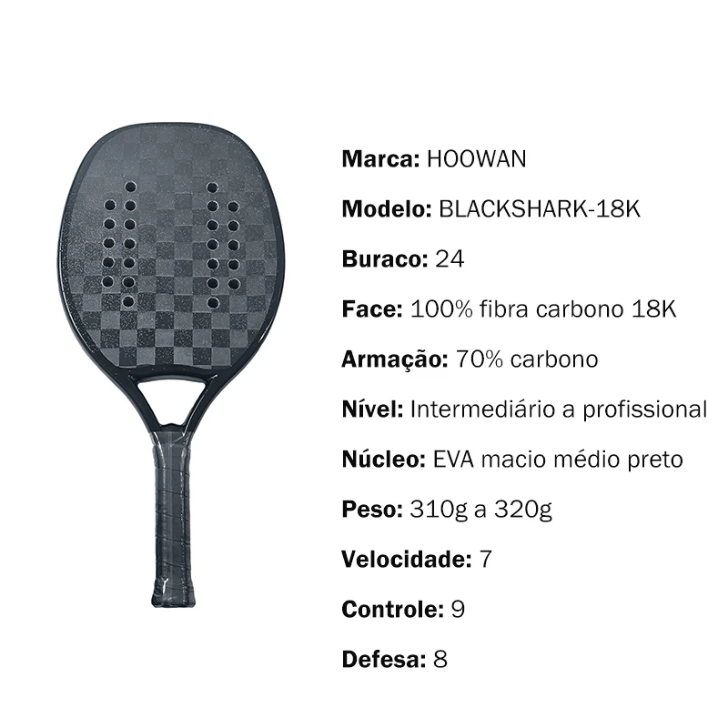 HOOWAN Blackshark Beach Tennis Racket Carbon Professional Racket Beach Tennis 22mm Rough Surface with Cover