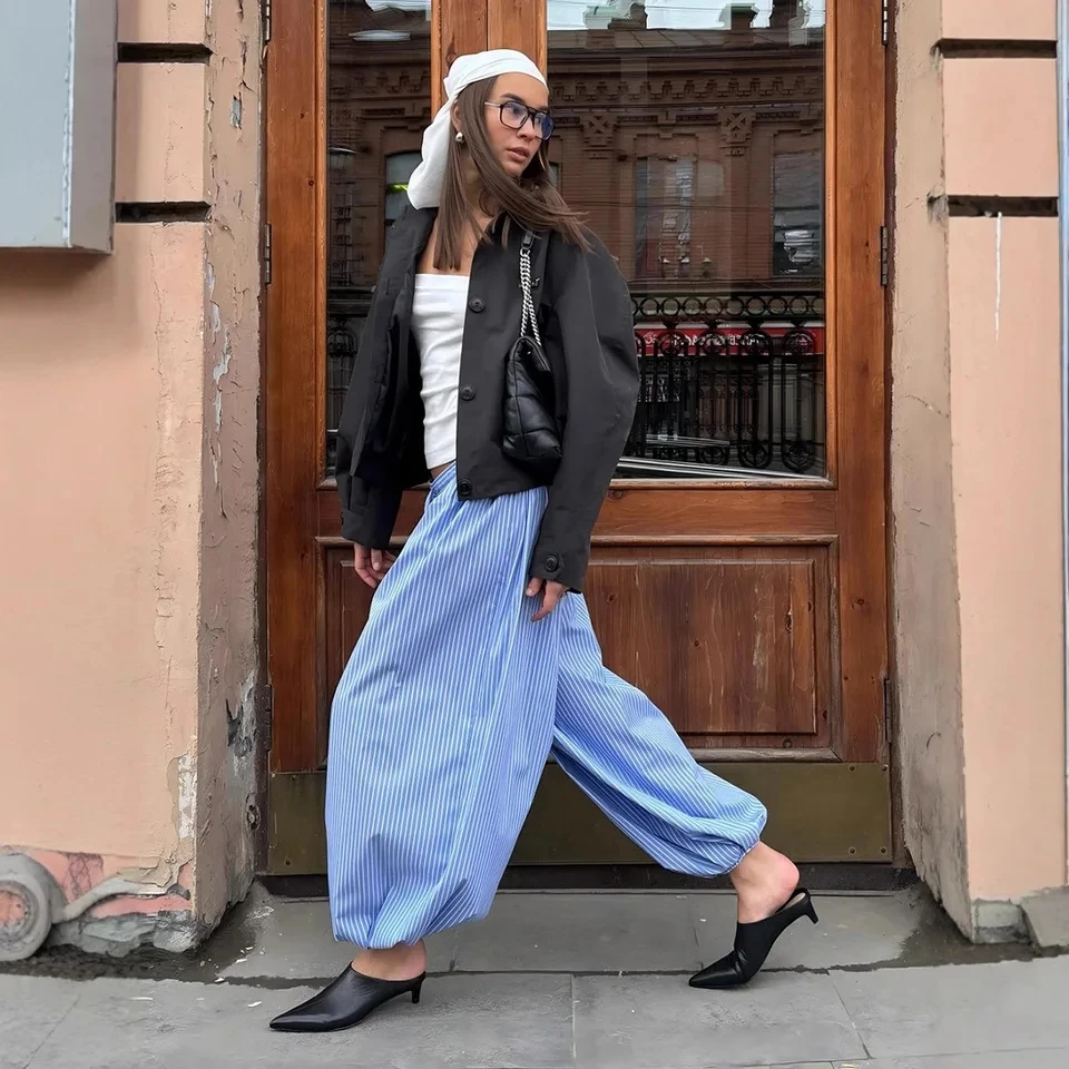 

2026 Spring Summer New Fashion Desin Street Style Striped Loose Versatile Lantern Pants Women Long Pants