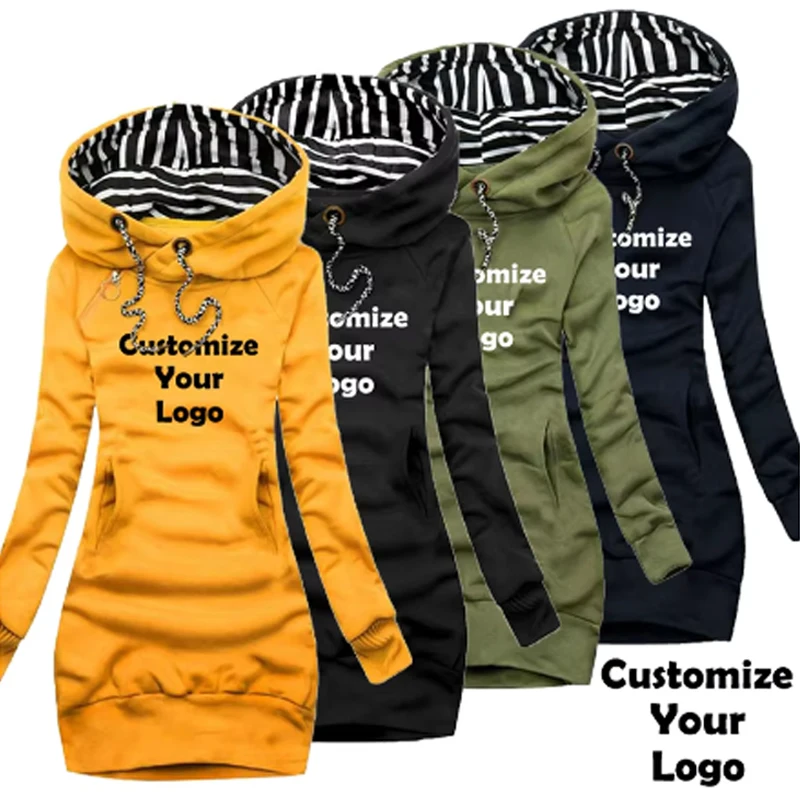 Custom LOGO Winter Women Hoodie Dress Striped Fashion Casual Hooded Dresses Spring Female Pullover Slimming Pockets Vestidos