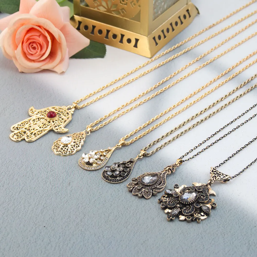 Modische Arabische Damen-Anhängerkette Goldfarben Vintage Türkische Graue Kristall-Halskette Festivalschmuck