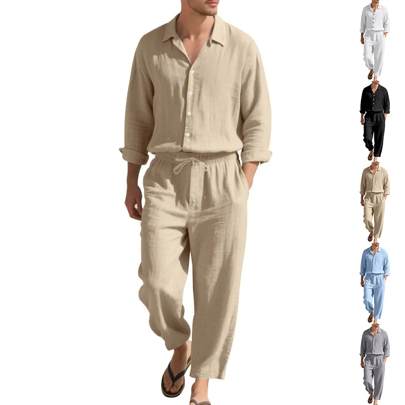 

American Four Seasons Linen Men's Casual Loose Beach Sunscreen Long Sleeve Shirt Pants Set