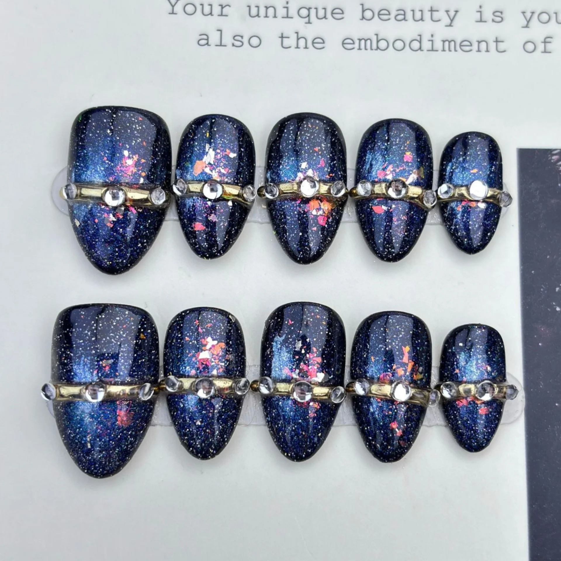 10pcs Glitter Pink Nails Tips Short Almond Handmade Fake Nail Art with Rhinestone Design False Nail Golden Lines Press on Nails
