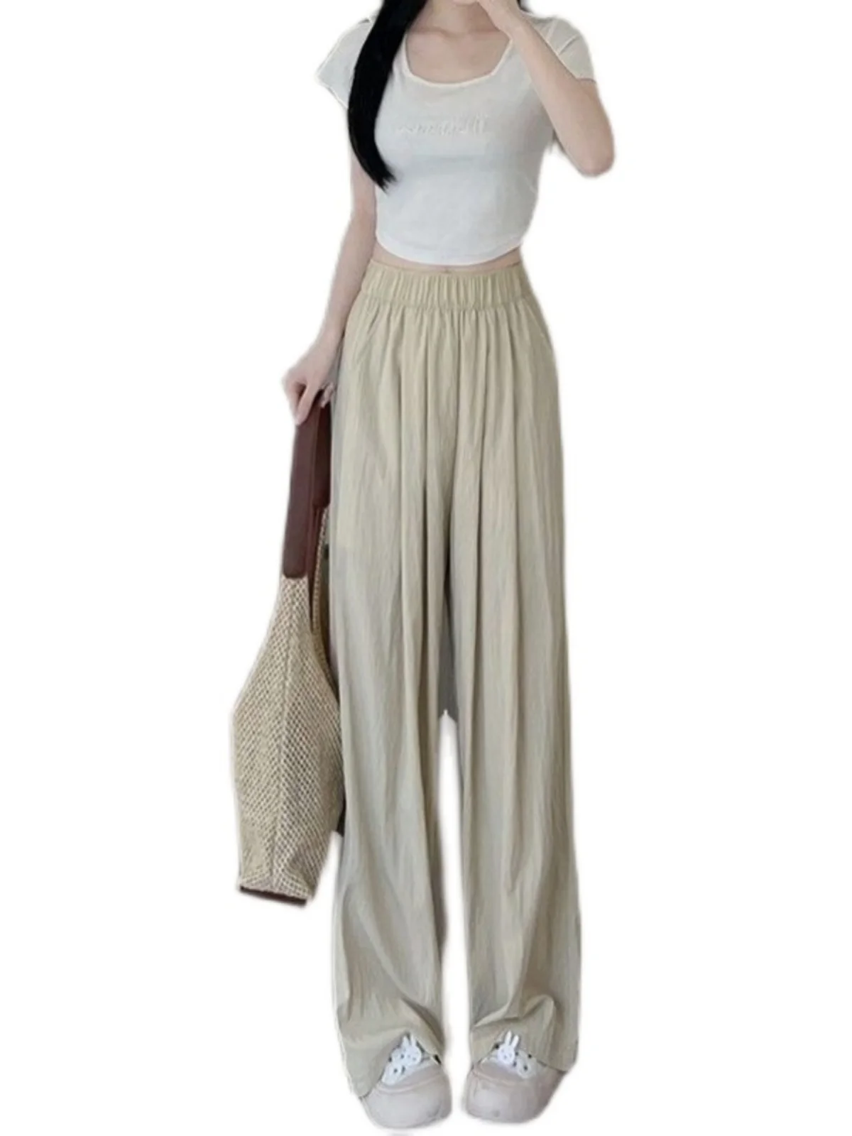 بنطلون نسائي واسع الساق من الحرير الصناعي للصيف، خفيف وفضفاض بخصر مرتفع وتصميم كوري أنيق للعمل