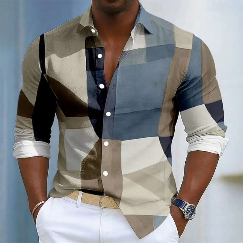 Men's long sleeved printed shirt with geometric black and white checkered collar, slim fit casual men's top