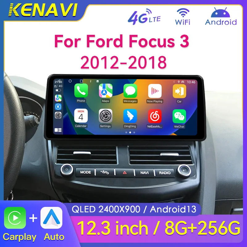 Android 14 For Ford Focus 3 2012-2018 Wireless Carplay Android Auto BT WiFi 4G DSP Stereo 12.3 inch QLED Screen GPS Navigation