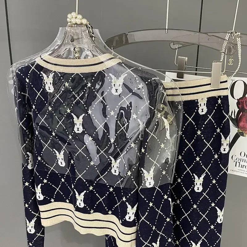 Nowa jesienna dzianinowa damska garnitur moda z dzianiny Socialite V-neck sweter krótki Top + spodnie szerokie nogawki zestawy dwuczęściowy strój