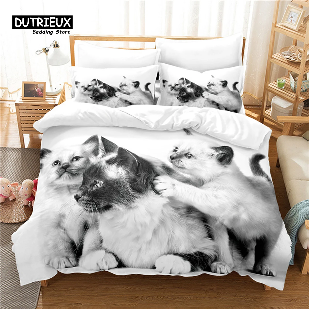 3D Cat Digital Printing Bedding Set, Duvet Cover, Linen, Queen Size, Fashion Design