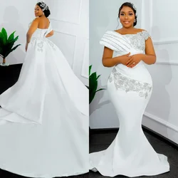 Customized African Shinny Beads Crystals Wedding Dress For Bride Detachable Train Off The Shoulder Church Satin Bridal Gowns