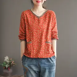 New Autumn And Winter Floral Women's Long-sleeved Top Women's Loose Cotton and Linen Base Shirt Women's Outer Wear Top