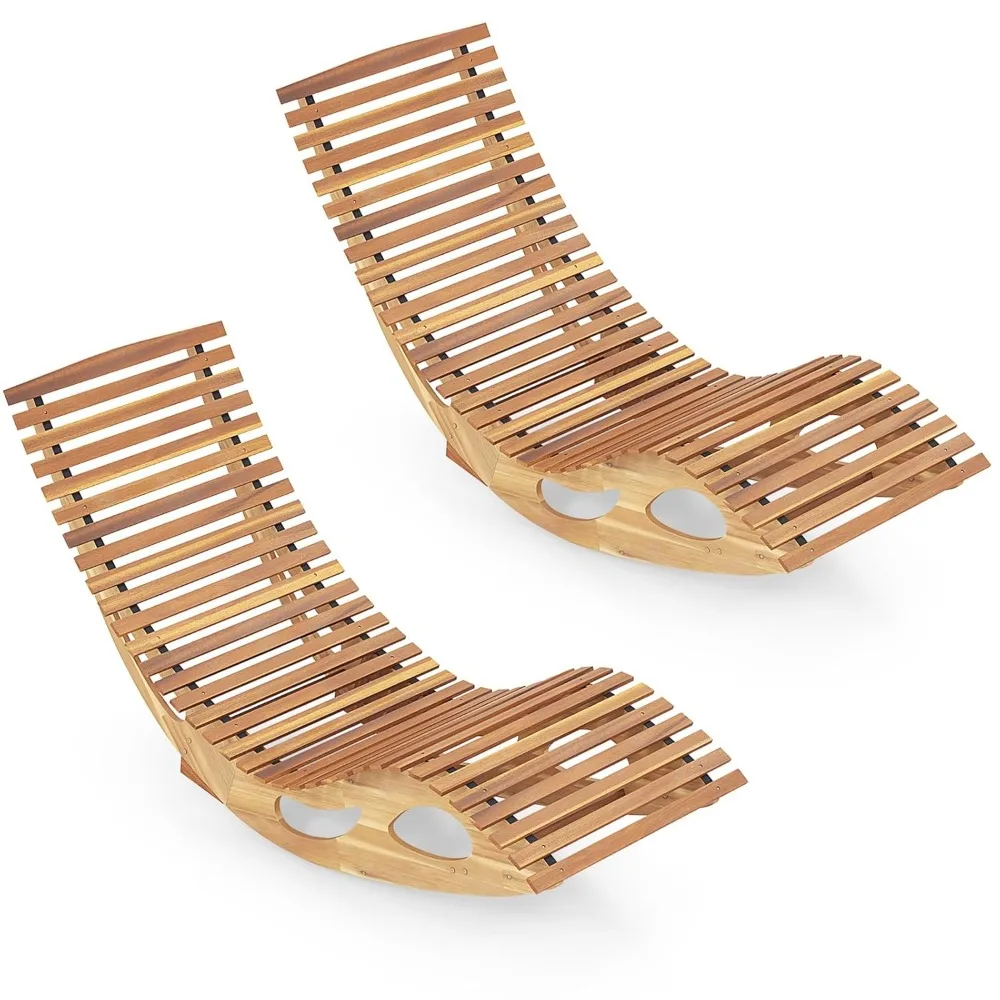 

Outdoor Chaise Lounge Chair Set of 2, Acacia Wood Rocking Sun Lounger with Slatted Backrest and Seat, Wooden Rocker, Customized