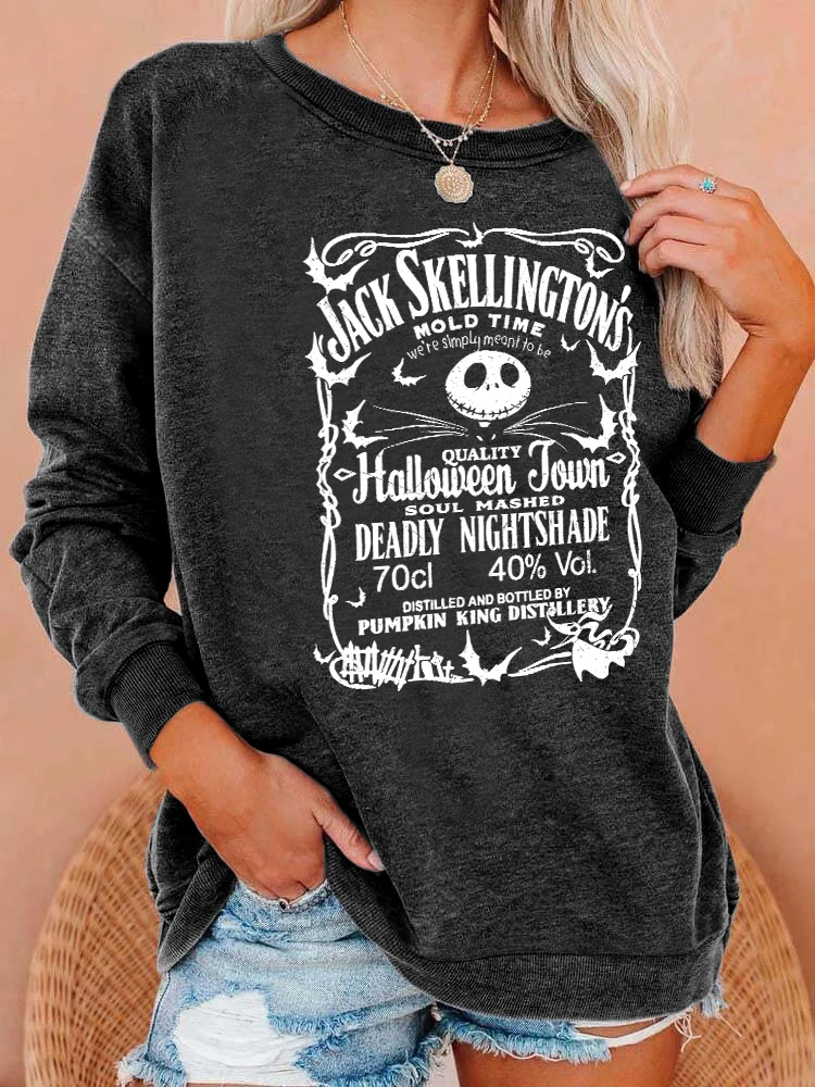 Halloween print washed sweatshirt, crew neck casual washed sweatshirt for winter & fall, women\'s clothing