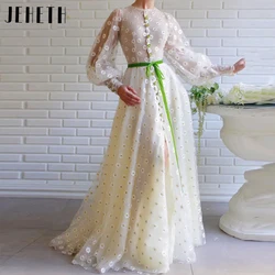 JEHETH Flowers Tulle Belt Prom Dress Long Puffy Sleeves A Line Evening Gown Elegant O-Neck Party Illusion Split Vestido de festa