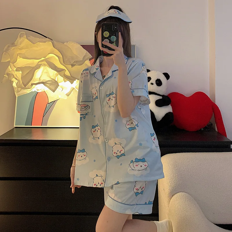 Kawaii Chiikawa Usagi Pyjama Spring and Summer Cartoon Short-sleeved Shorts Student Home Clothes Set