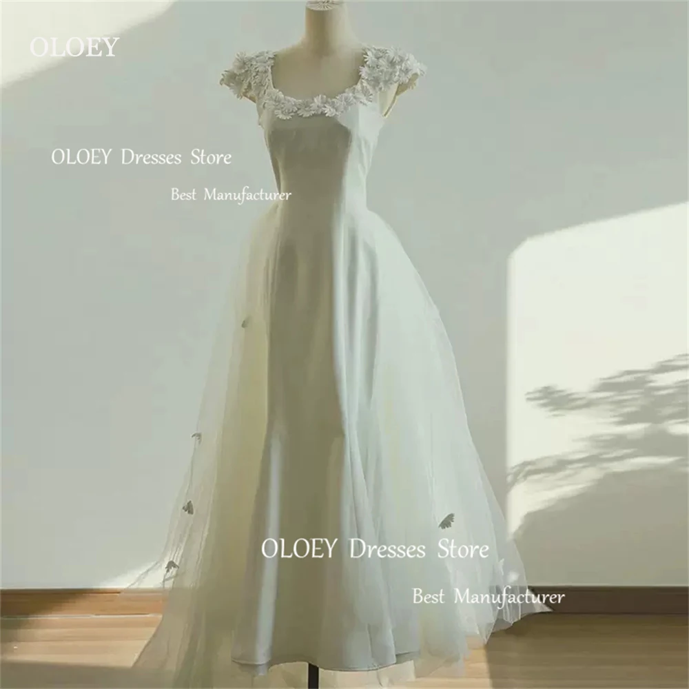 

OLOEY Simple A Line Ivory Wedding Dresses Photo Shoot 3D Flowers Satin Mid-calf Garden Bridal Dress Corset Back Marriage Custom