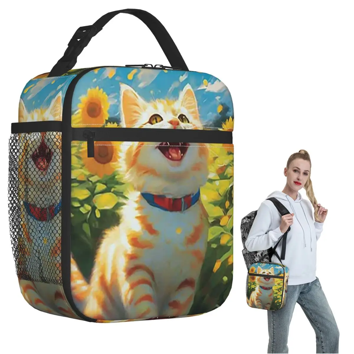 

Sunflowers Surround Cat Pattern Insulated Lunch Bag for Women Kids Portable Food Boxes Thermal Lunch Box Tote