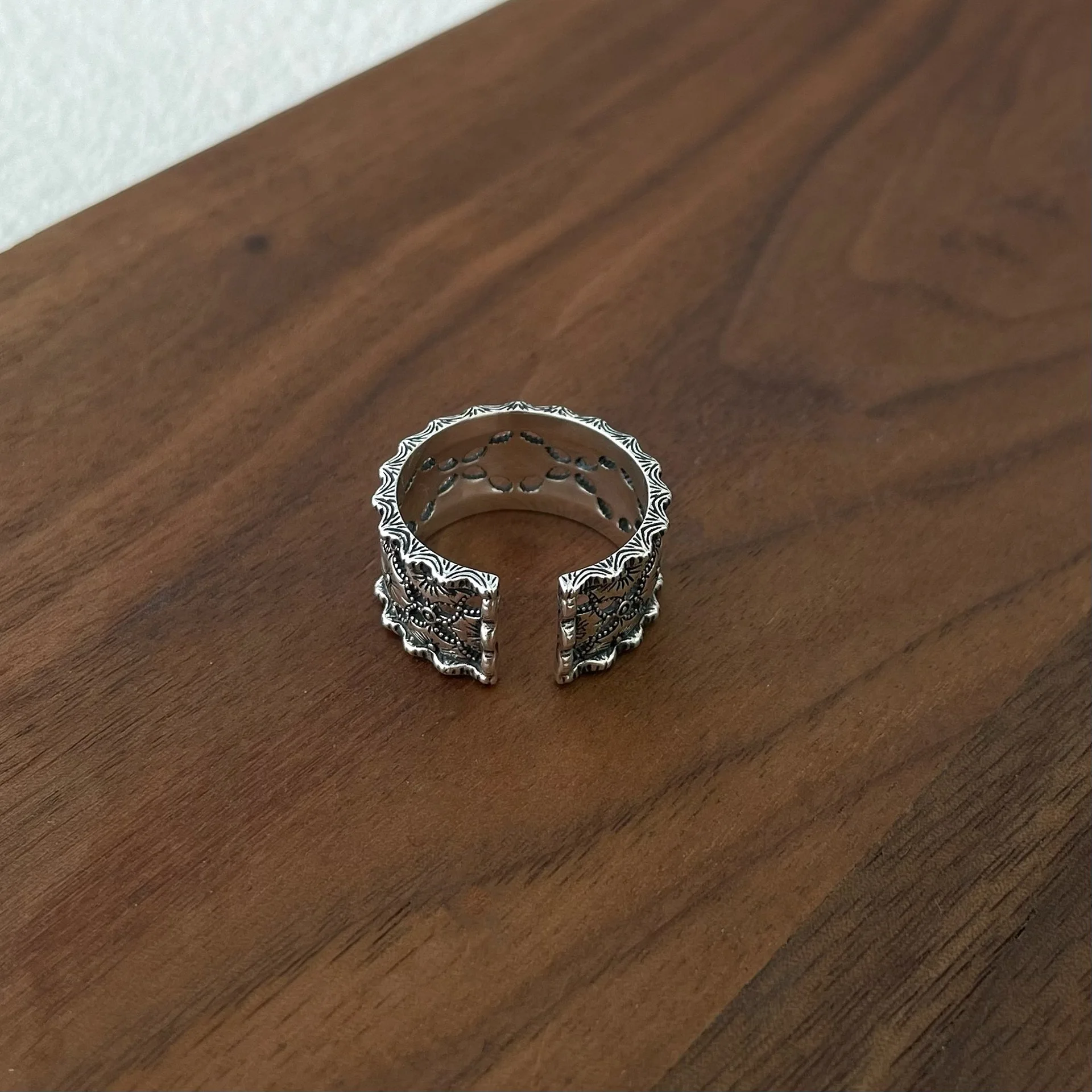 BOCAI New S925 Sterling Silver Retro Fashion Wide Version Pattern Hollow Out Open Ring Selected Women's Gift