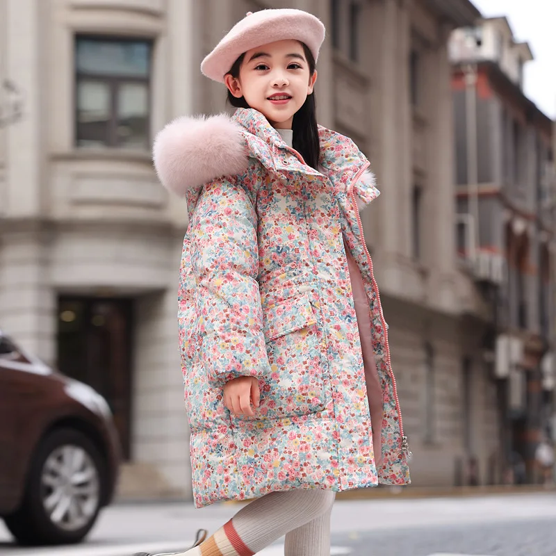 2024 New Winter Girls Fur Collar Hooded White Duck Down Jacket Children Cute Flora Printed Thick Warm Outwear y1361