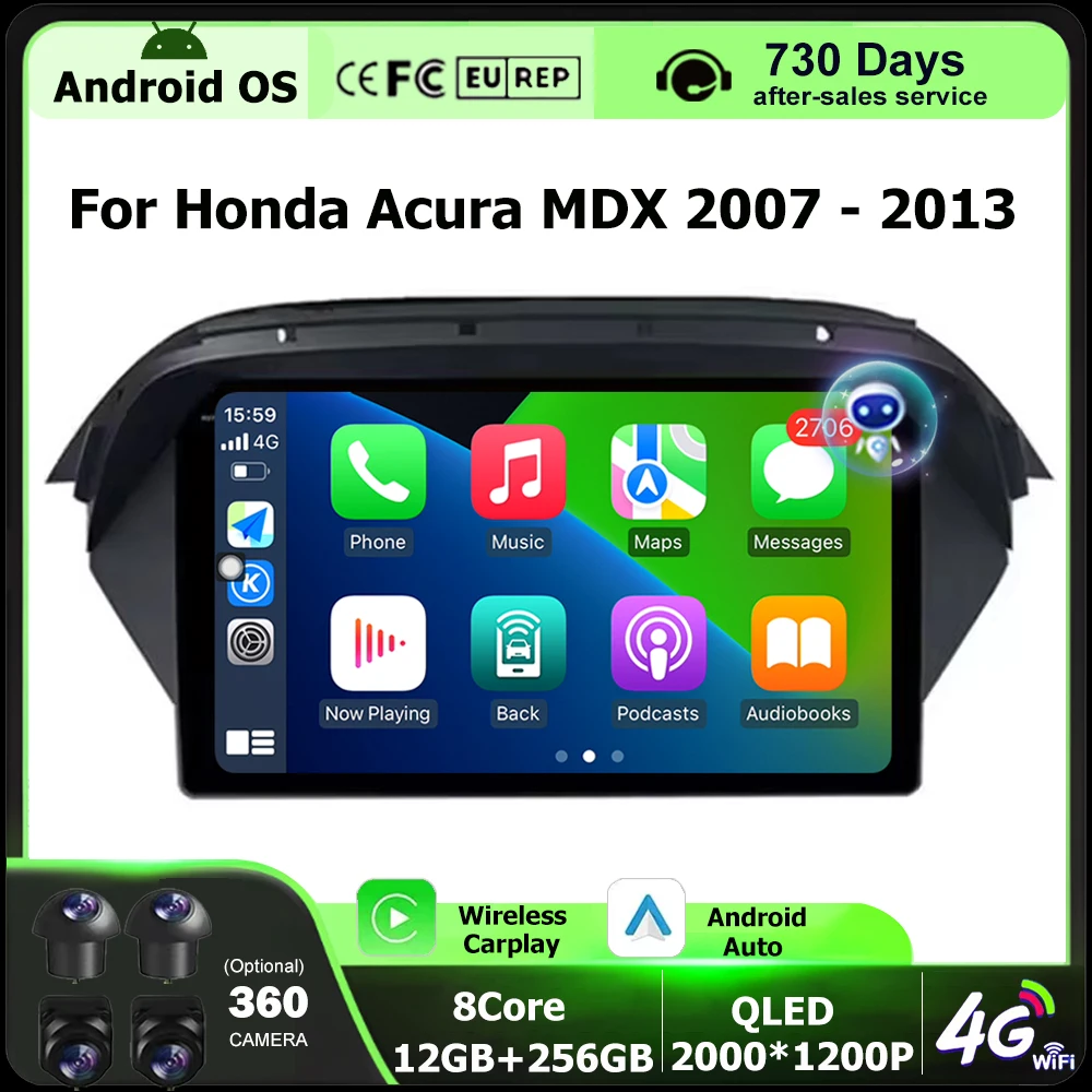 Radio Multimedia para Auto Android 16 para Honda Acura MDX 2007-2013, Reproductor de Video, GPS, Navegación, Carplay Inalámbrico, Cámara 360, DSP