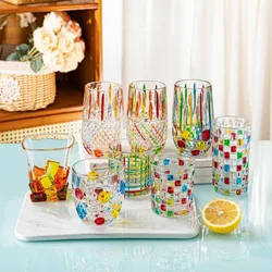 New Italy Hand Drawn Crystal Contrast Color Highball Glass Cocktail Water Drinking Glasses Old Fashioned Whisky Cup Wine Tumbler
