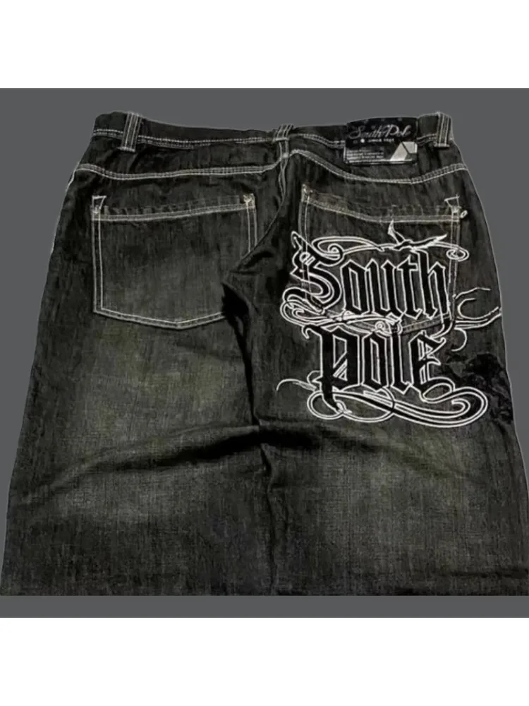 Deeptown Y2k Black Letter Print Women Man Jeans Harajuku Hip Hop Wide Leg American Vintage Denim Pants Baggy Casual Streetwear
