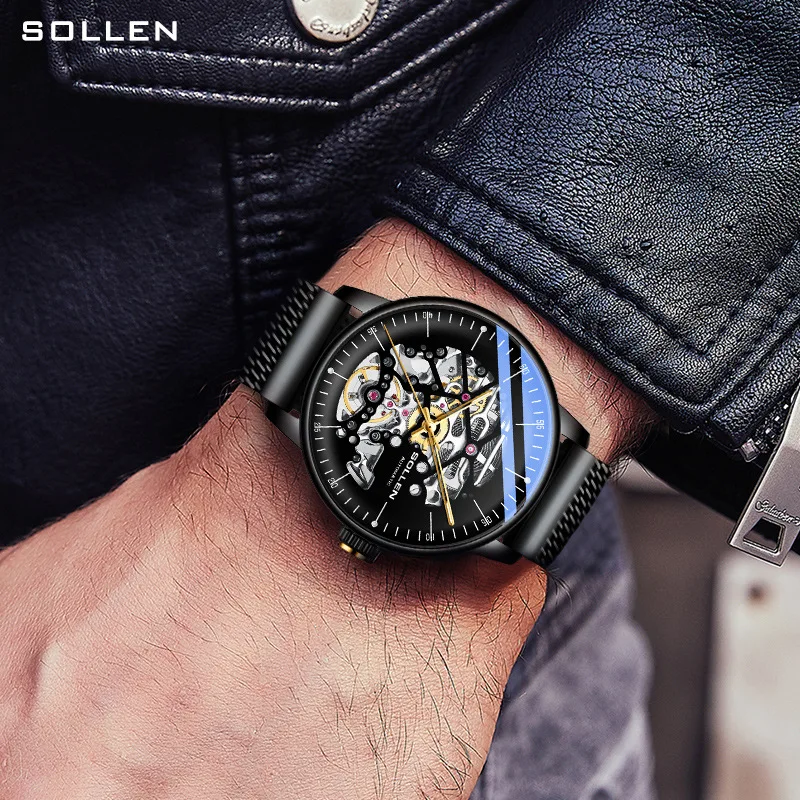 SOLLEN Men Watch 2023 New Fashion Skeleton Automatic Mechanical Watch Brand Classic Black Mesh Strap 30M Waterproof Reloj SL202